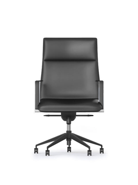 Black Mirage medium back executive office chair with polished aluminium base on castors, fixed aluminium armrests with black vinyl finish, and tilt tension control.