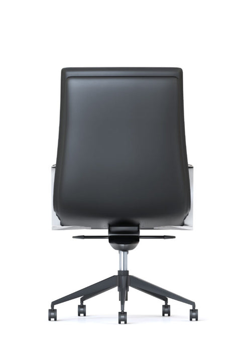 Back view of Black Mirage medium back executive office chair with polished aluminium base on castors, fixed aluminium armrests with black vinyl finish, and tilt tension control