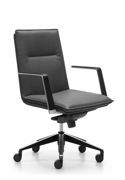 Black Mirage medium back executive office chair with polished aluminium base on castors, fixed aluminium armrests with black vinyl finish, and tilt tension control.