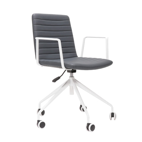 Gray office chair with white frame and wheels on a white background