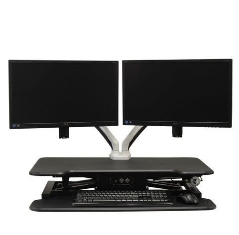 Vertilift Pro desk riser in black with dual monitor, keyboard and mouse on the lower platform