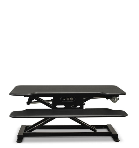 Vertilift Pro desk riser in black with keyboard platform extended to standing height