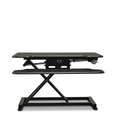Vertilift Pro desk riser in black with keyboard platform extended to standing height