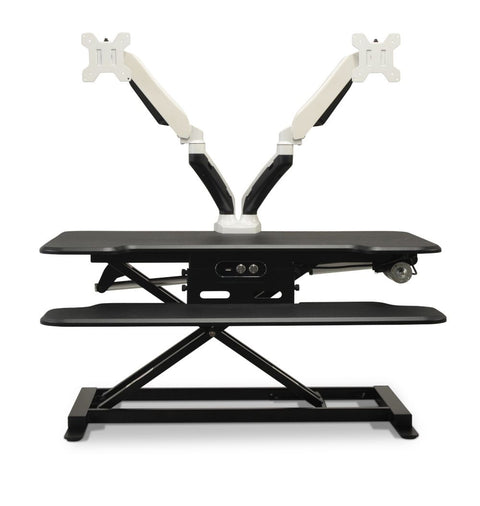 Vertilift Pro electric desk riser in black with dual monitor arms attached and keyboard platform
