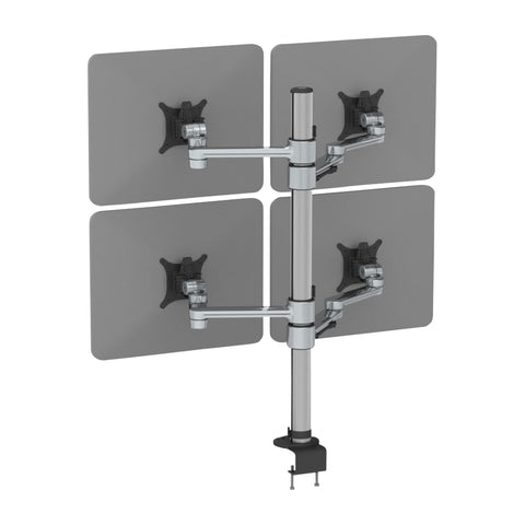 A quad monitor arm made of aluminum and plastic, featuring four monitor mounts and a central supporting structure, in silver