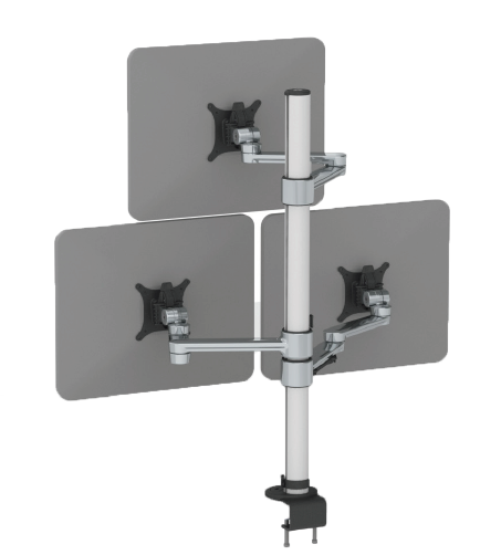 A triple monitor arm made of aluminium and plastic, in silver