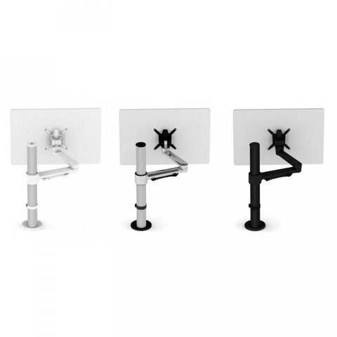 Three C. ME Single Monitor Arms in different colors: white, silver and black, with a monitor attached.
