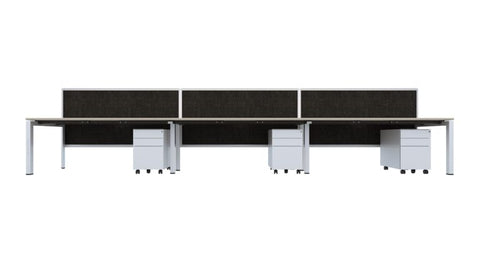 A series of Cube 30 office screens in black, arranged in a line, with desk surfaces in front of them supported by white legs.