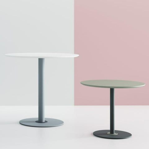 Two varying heights Disc Base Juno tables, one in white tabletop with scotland sky color frame and one in green tabletop with moonshine color frame