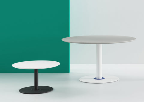 Two Disc Base Juno tables of different heights with white tabletops; one with black frame, one with white frame