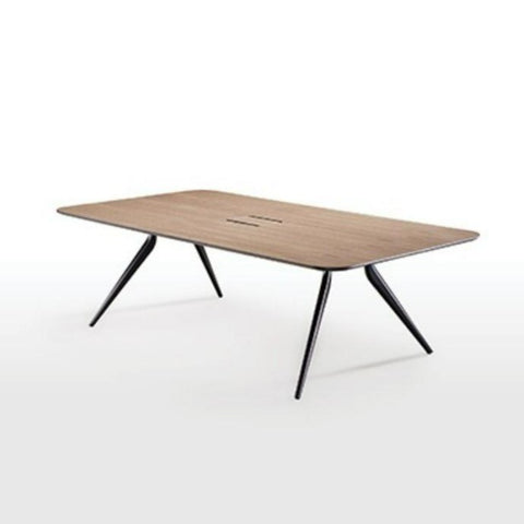 EONA rectangular modular table with a wooden tabletop and black metal legs.