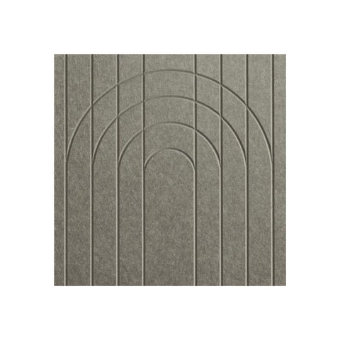 Decorative acoustic wall panel with a woven image design featuring arches and vertical linework, in a gray color.