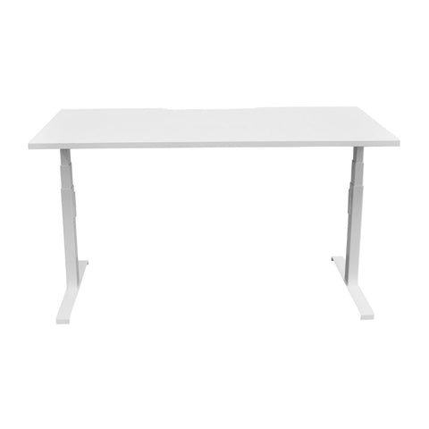 A white height-adjustable desk with visible desk legs