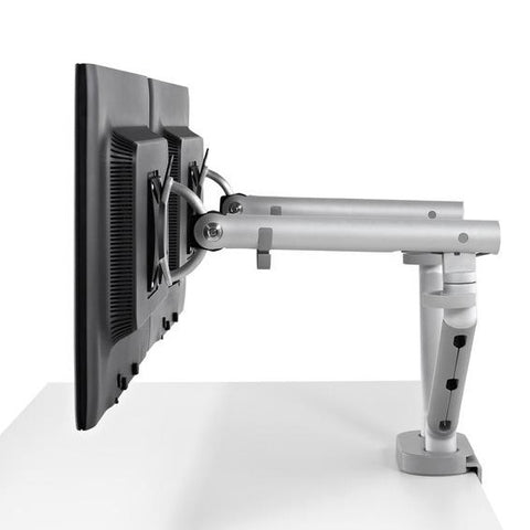 Flo dual monitor arm setup shown sideways. The device is mounted on a desk clamp and features adjustable joints for angle and length customization.