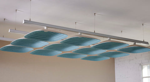 Fuji Roku square dual color 3D acoustic tiles with a woven pattern, suspended from a ceiling.