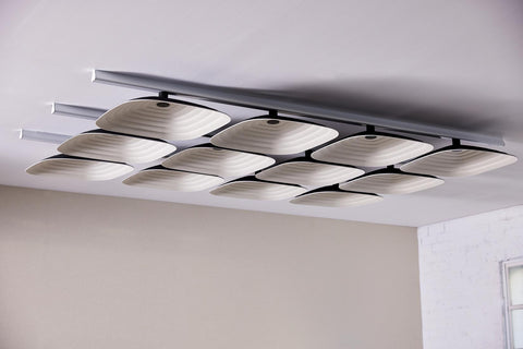 Fuji Roku square dual color 3D acoustic tiles with a woven pattern, fixed to the ceiling.