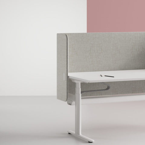 A modern office workstation featuring a light gray LOVOC frame mounted upholstered screen