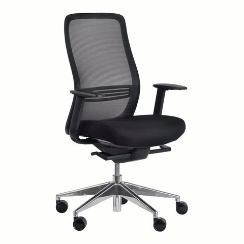 Buro office chair with a breathable mesh back, adjustable lumbar support, and a polished aluminium base with soft PU castors.