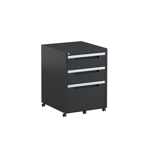 A black mobile pedestal with three drawers on castors, featuring a lockable front.