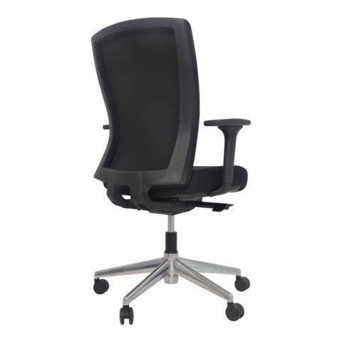 Buro mentor black upholstered office chair with a polished aluminum base and adjustable armrests back angle