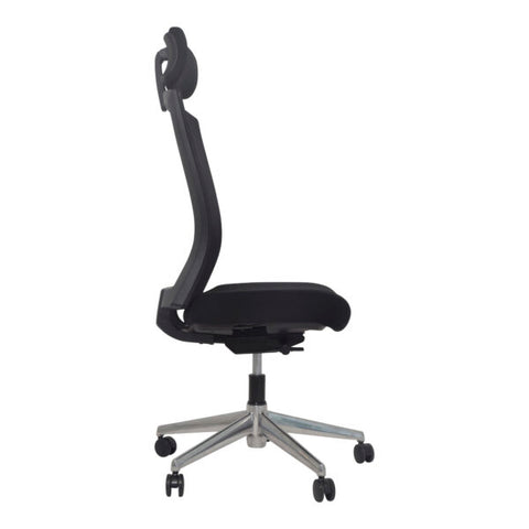 A black Buro Mentor Mesh Back office chair with a polished aluminum base and headrest side view