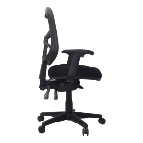 Buro ergonomic office chair, black mesh back, nylon seat, adjustable controls, five-star base with casters, side view.