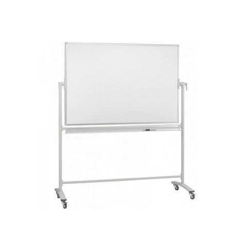 A mobile porcelain whiteboard mounted on an aluminum frame with lockable castors.