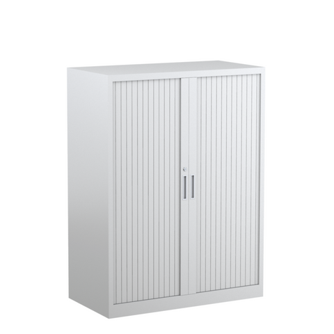 A white tambour cabinet with retractable doors and a secure locking system, suitable for office storage.