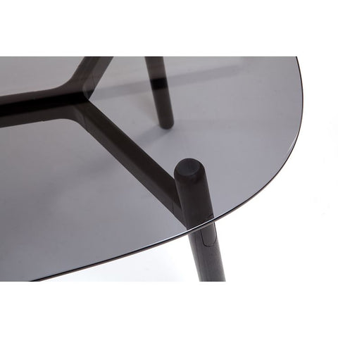 Okidoki Tri Coffee Table with black glass top and solid timber legs, modern office and home table