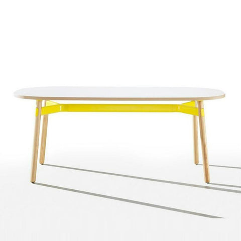 Okidoki rounded rectangular table with white top, yellow frame, and ash timber legs