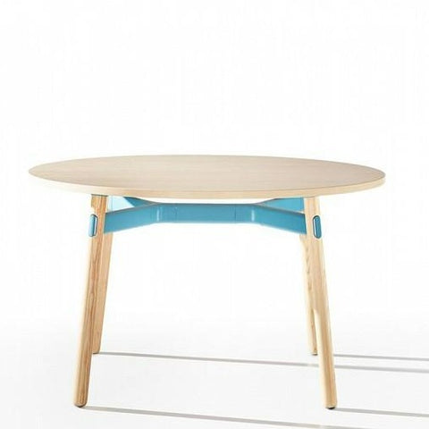 Okidoki round coffee table with top and legs in ash color and blue frame
