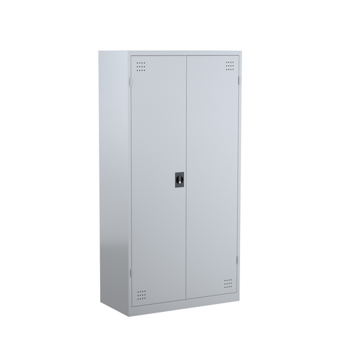 Steelco satin silver wardrobe with two doors, reinforcement on the doors, ventilation holes, and a key lock.