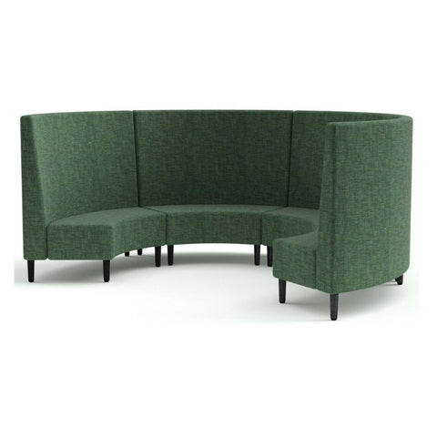 Round modular lounge in green made up of connected chair and bench units, with a high back and upholstered in fabric