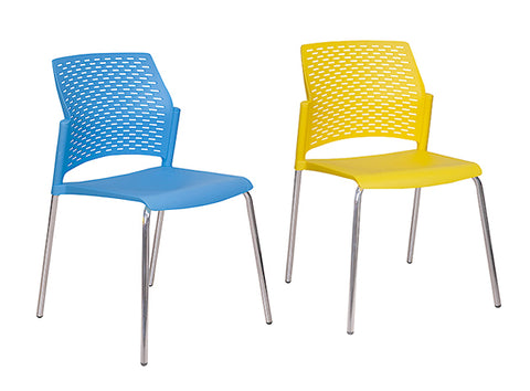 Rewind 4 Leg chairs in blue and yellow with polypropylene seats and chrome-plated steel frames, office chairs