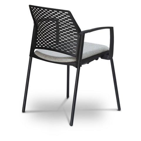 A black upholstered chair with four legs and armrests, featuring a gray seat cushion, back view