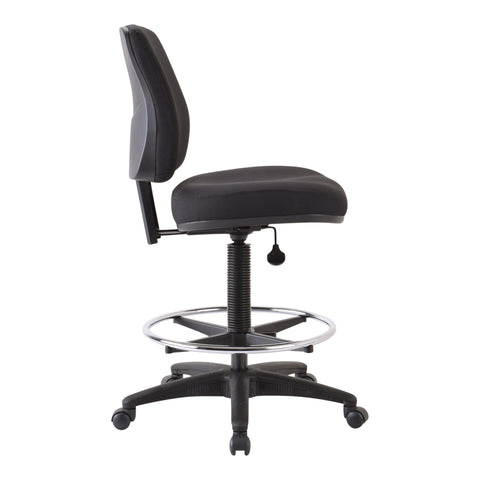 Buro black mid-back drafting chair with a chrome foot ring and a five-star base, side view