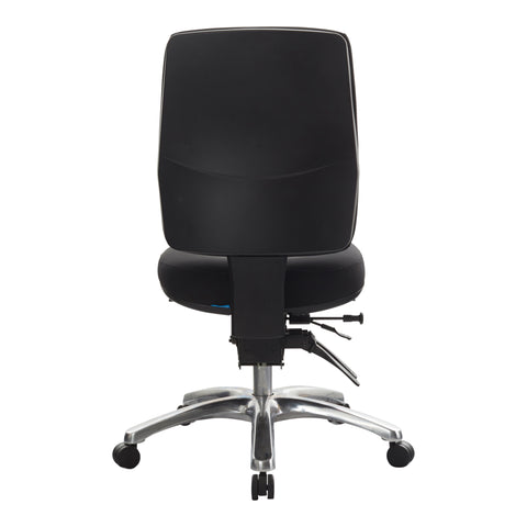 Buro black high-back office chair with a gas lift, height-adjustable back and seat, back view