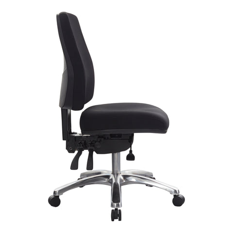 Buro black high-back office chair with a gas lift, height-adjustable back and seat, side view