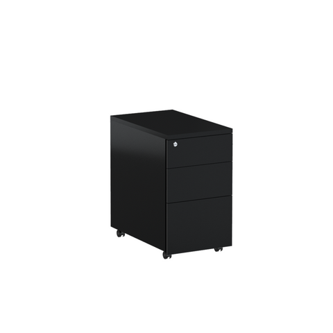 Black slimline mobile pedestal with three drawers, key lock and lockable castors.