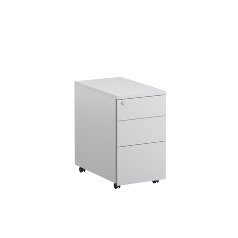 White slimline mobile pedestal with three drawers, key lock and lockable castors.