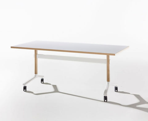 Okidoki rectangle folding table with a white frame and ash wooden legs