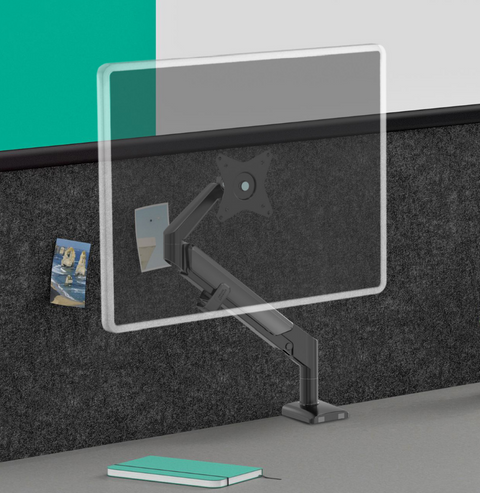 Vader Single Monitor Arm with empty VESA plate for monitor attachment, mounted on desk.