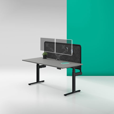 Vader Dual Monitor Arm with empty VESA plate for monitor attachment, mounted on desk.