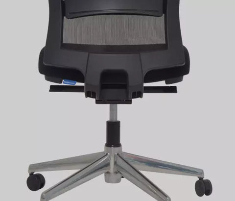 A black Buro Mentor Mesh Back office chair with a polished aluminum base back view