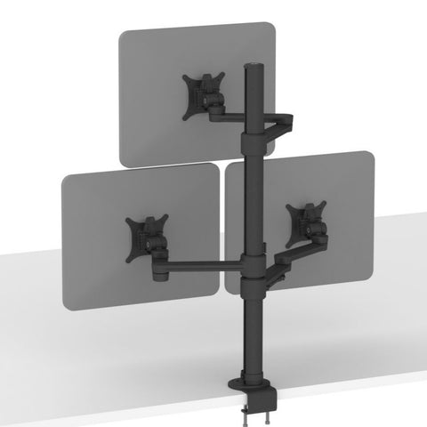 A triple monitor arm made of aluminium and plastic, in matte black