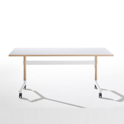 Okidoki rectangle folding table with a white frame and ash wooden legs