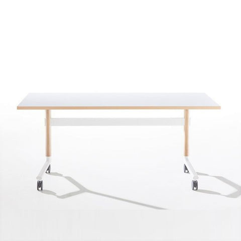 Okidoki rectangle folding table with a white frame and ash wooden legs