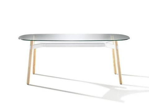 Okidoki rounded rectangular table with tempered clear glass top, white frame and ash timber legs