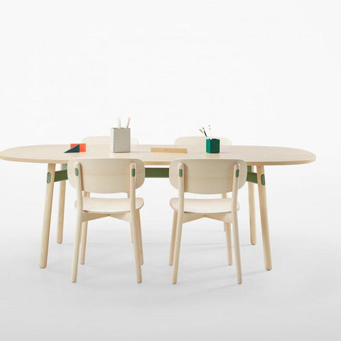 Okidoki table & chair setup with a plywood seat and backrest in ash color.