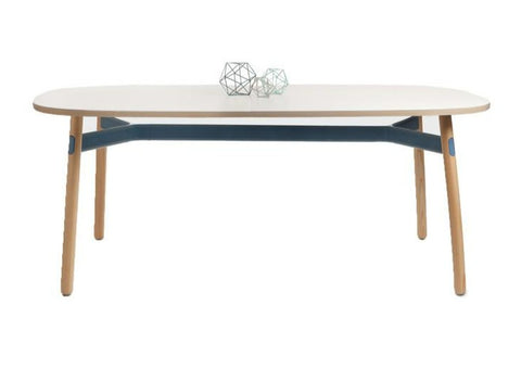 Okidoki rounded rectangular table with white top, aqua blue frame, and ash timber legs